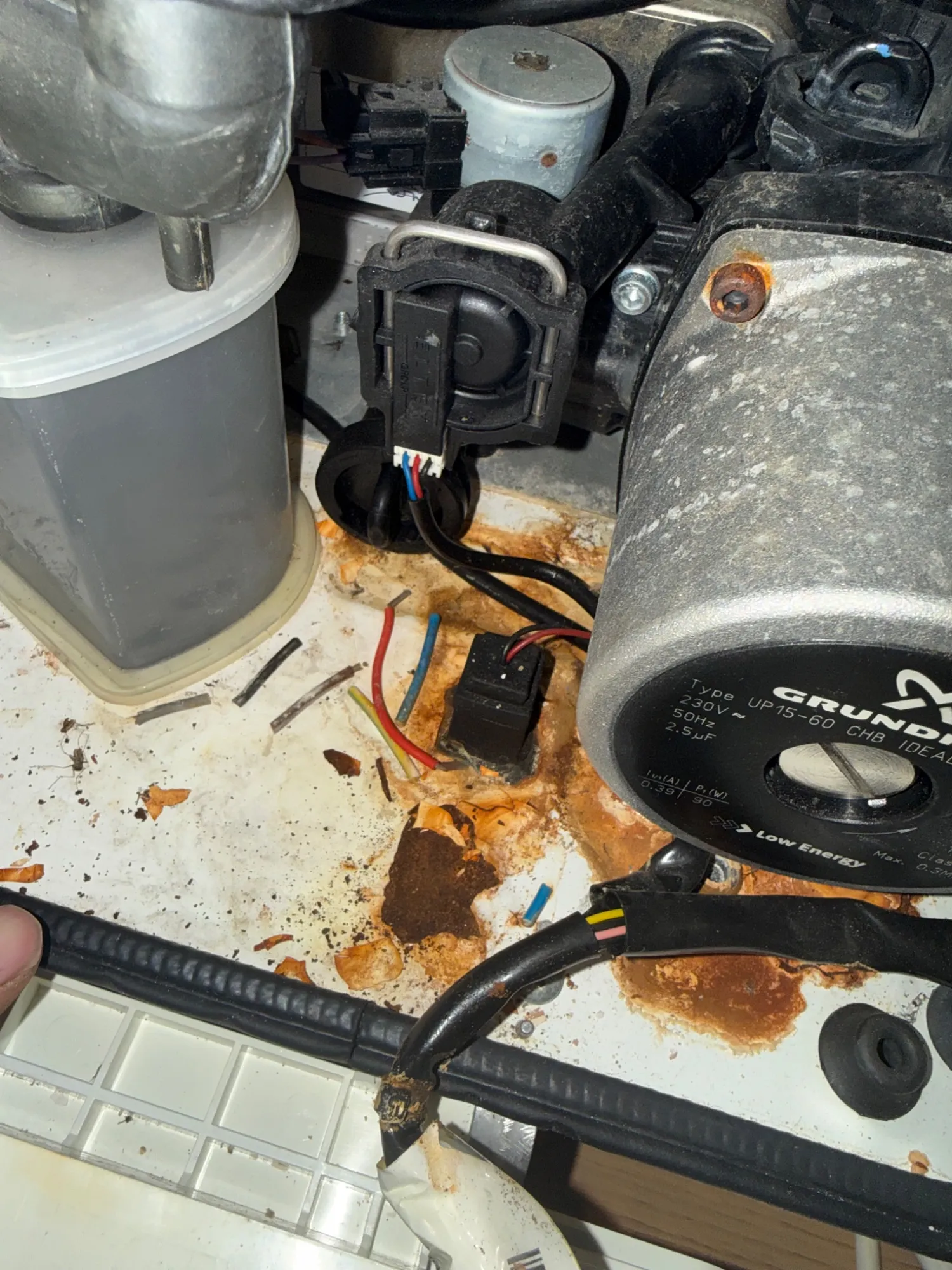 Rust inside the case of a faulty boiler during a breakdown call-out in Burnley