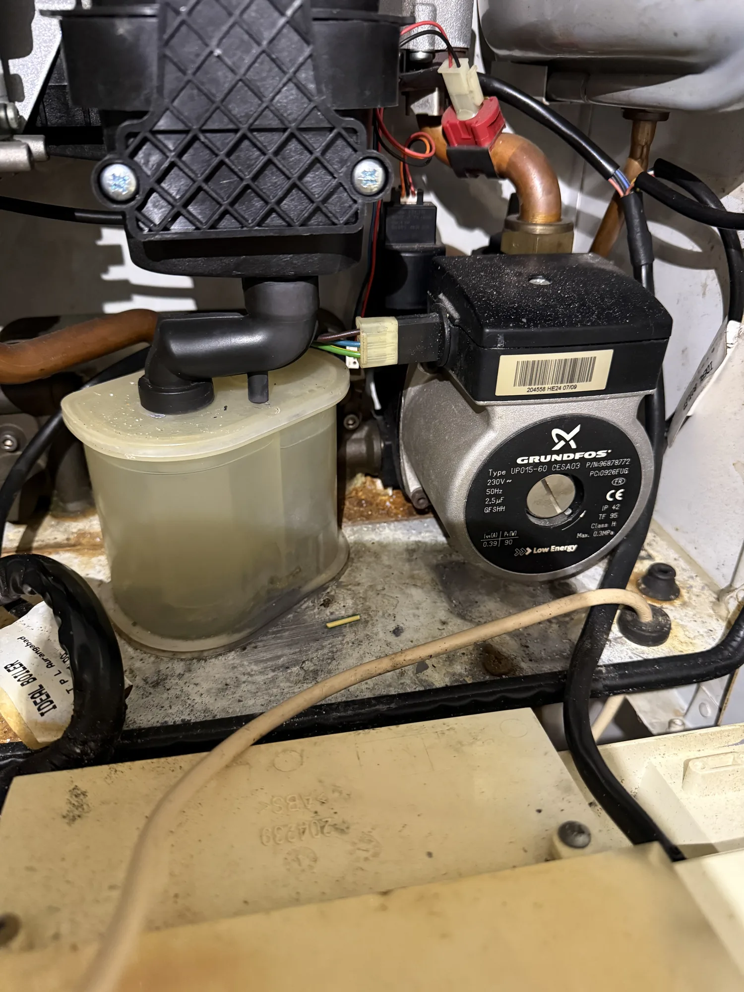 Boiler pump and condensate trap inspected during a repair